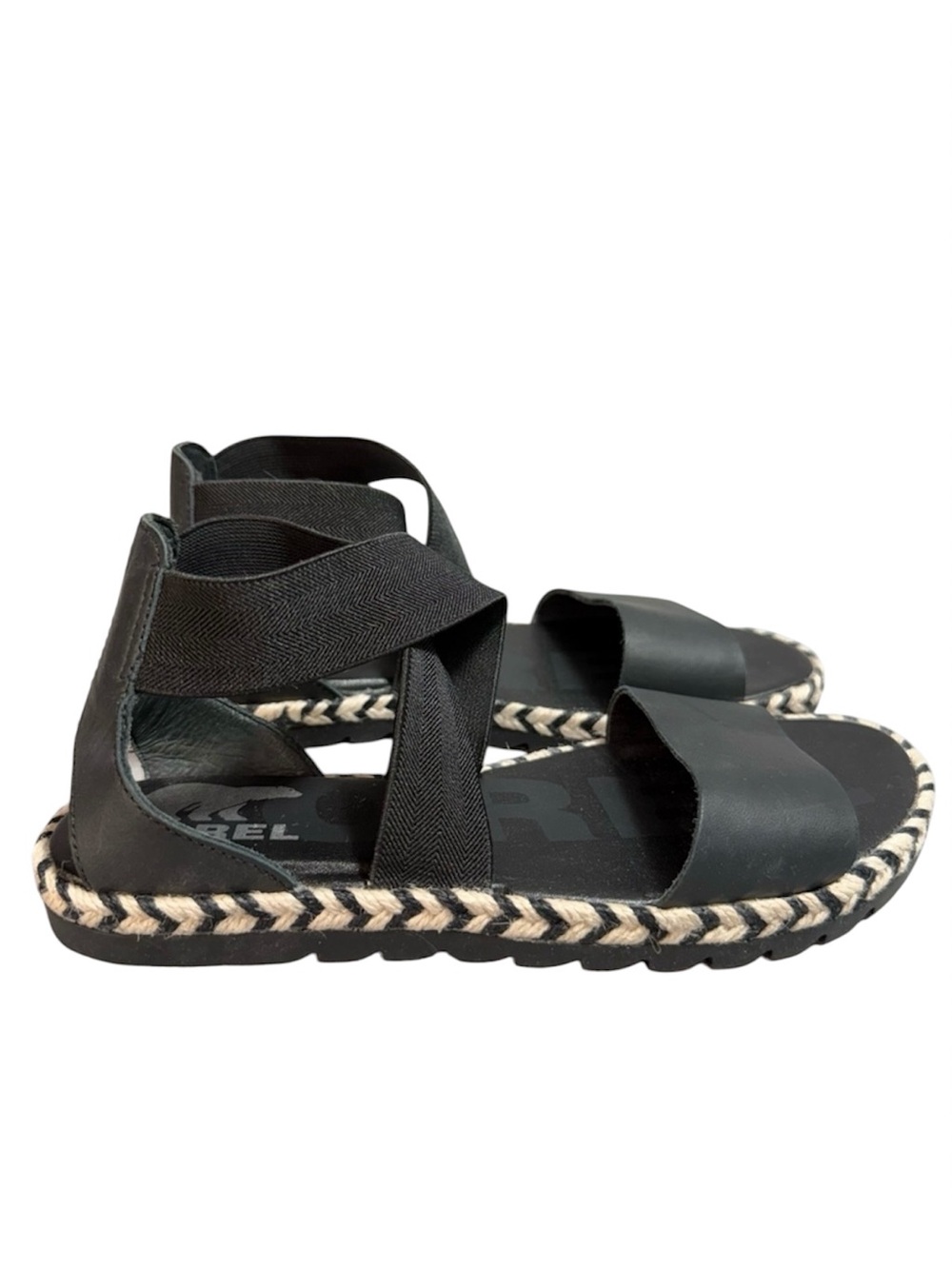 Sorel Ella II Black Strappy Gladiator Sandals with Braided Sole